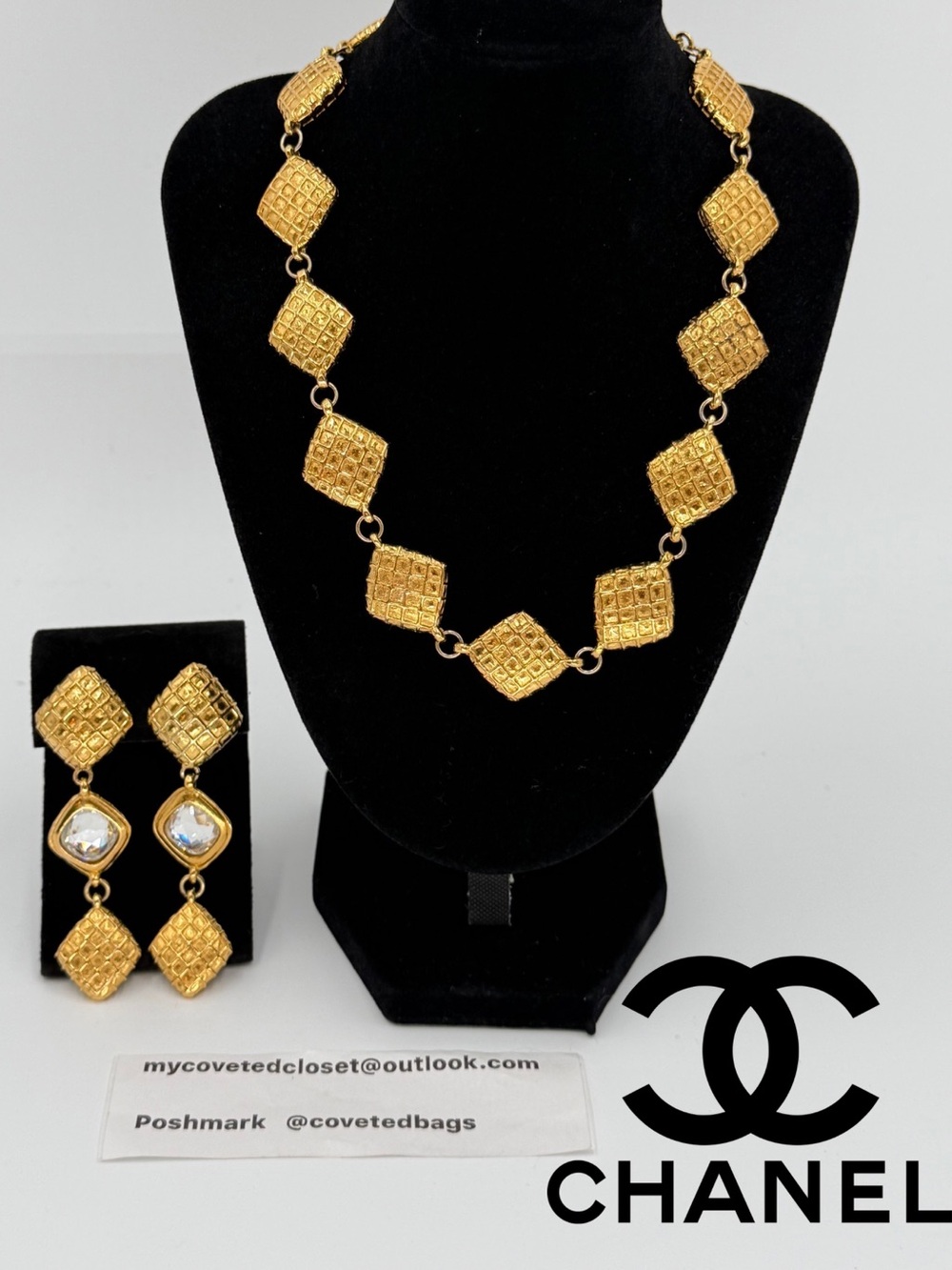 CHANEL Vintage Textured Matelasse Link Necklace and Matching Drop Earrings w/COA
